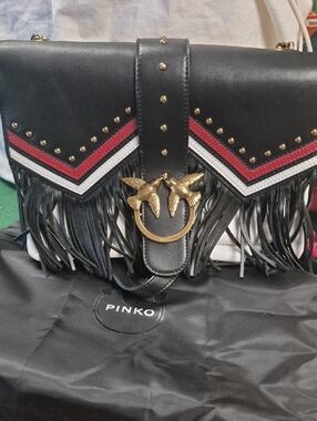 PINKO Red White & Black Fringe Crossbody Bag with Gold Chain& Bird Ring